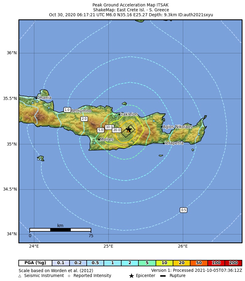 PGA distribution - Arkalochori EQ 27-09-2021 M6.0