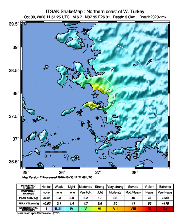 Shakemap of the Samos Earthquake (2020-10-30, M6.7)